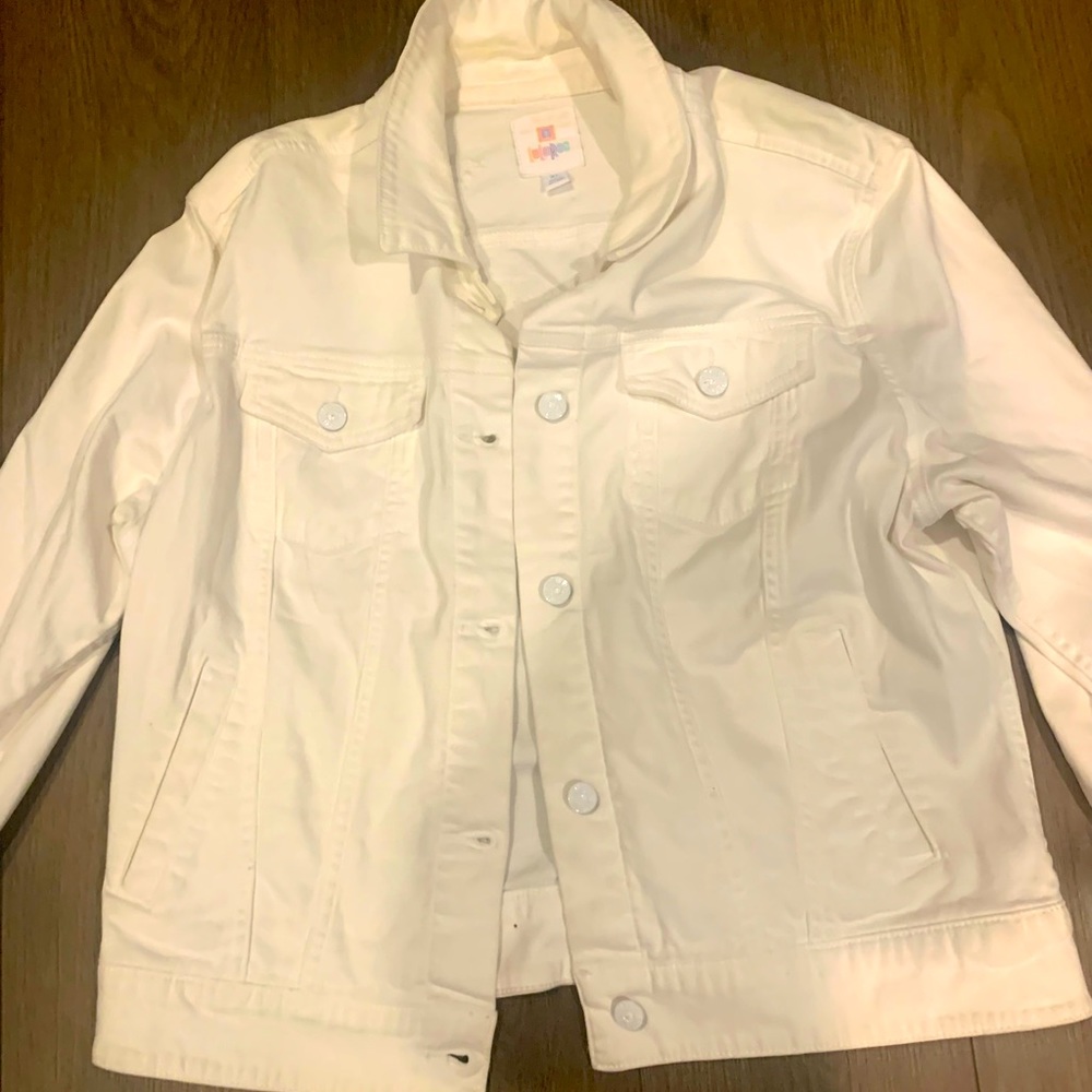 Luluroe white denim jacket unicorn on back